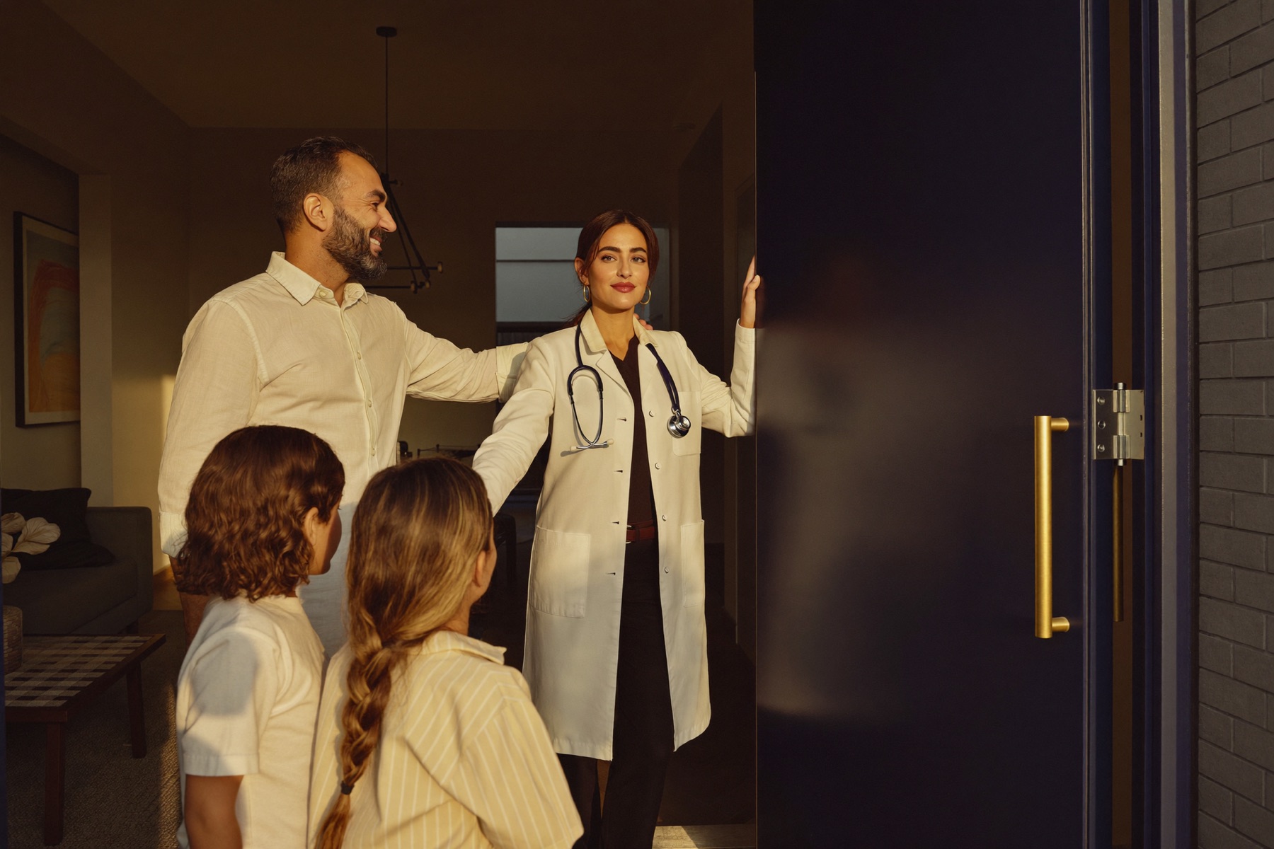 A doctor arriving at a family's front door in Doha